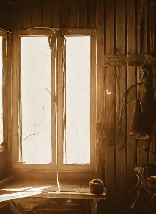 Image similar to a film production still, 2 8 mm, wide shot of a cabin interior, rooster, wooden furniture, cobwebs, spiderwebs, window light illuminates dust in the air, abandoned, depth of field, cinematic