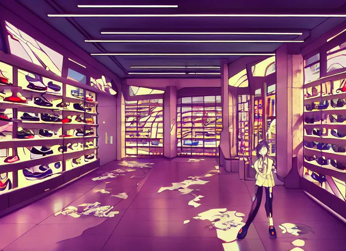 Image similar to lomography, anime background, a detailed nike shop interior, glowing, haruhiko mikimoto, hisashi eguchi, lodoss, architectural perspective, dramatic lighting, displays with detailed shoes and clothes, sharpened image, yoshinari yoh