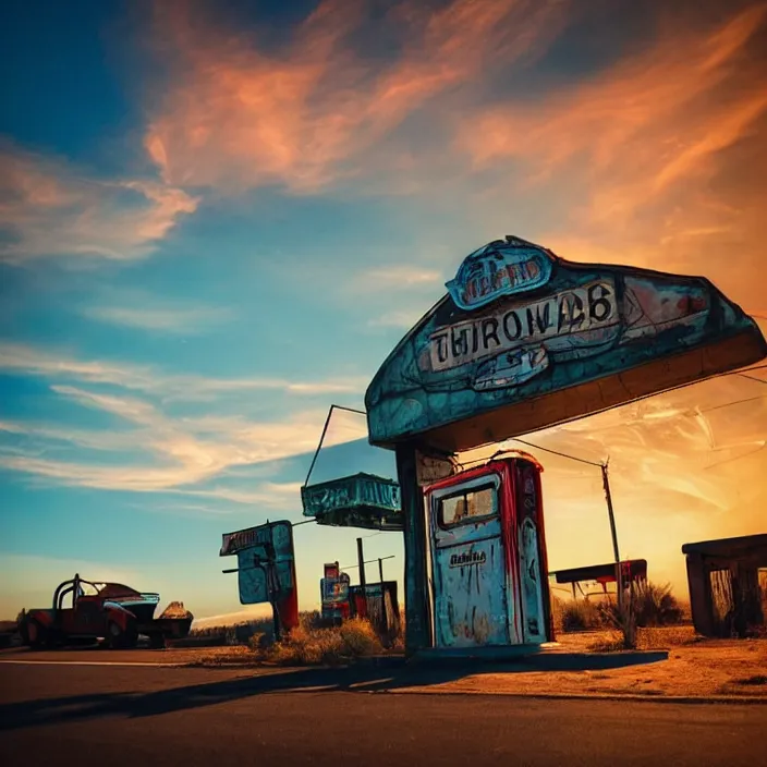 Image similar to a sunset light landscape with historical route 6 6, lots of sparkling details and sun ray ’ s, blinding backlight, smoke, volumetric lighting, colorful, octane, 3 5 mm, abandoned gas station, old rusty pickup - truck, beautiful epic colored reflections, very colorful heavenly, softlight