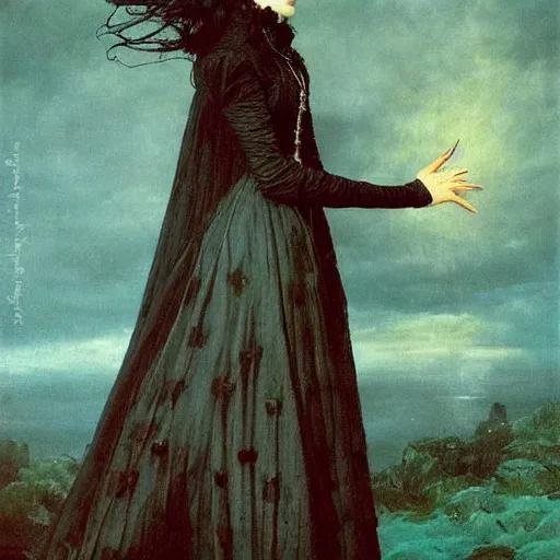 Image similar to A beautiful victorian woman, gothic dress, flowing hair, oil painting, portrait, dramatic lighting, masterpiece, painted by Caspar David Friedrich