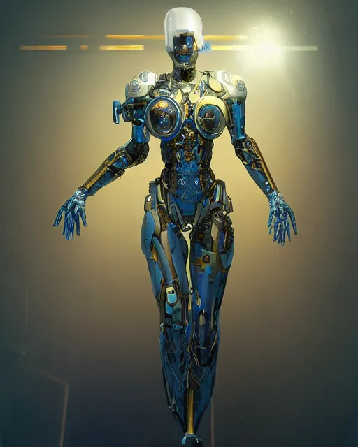 Image similar to cyborg necromancer, scifi, futuristic, helpful, kind, benevolent, intelligent, white, blue, gold, hospital room, highly detailed, trending on artstation, soft light, machine, advanced technology, art by vitaly bulgarov and nivanh chanthara