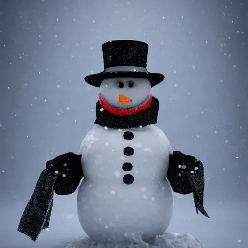 Image similar to a highly detailed humanoid snowman in business suit with black eyes and mouth, no nose, artstation, DeviantArt, professional, octane render, sunset lighting