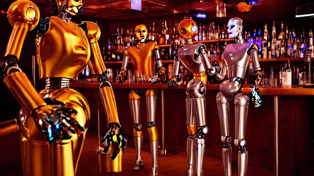Image similar to robots drinking alcohol, inside a bar, chrome reflection, hyper-realistic, extreme detail, sharp photo, beautiful, cinematic 4K, by Sorayama