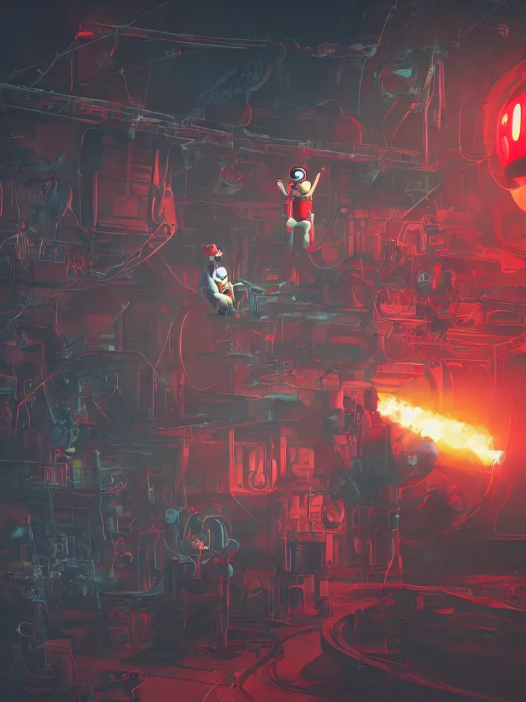 Image similar to graphic art of dystopian futuristic 1 0 mechanic surgeons in space suits, operate on a huge mickeymouse!!! head held by a crane. ominous glowing red netflix!!! sign in the background, trending on art station, beeple