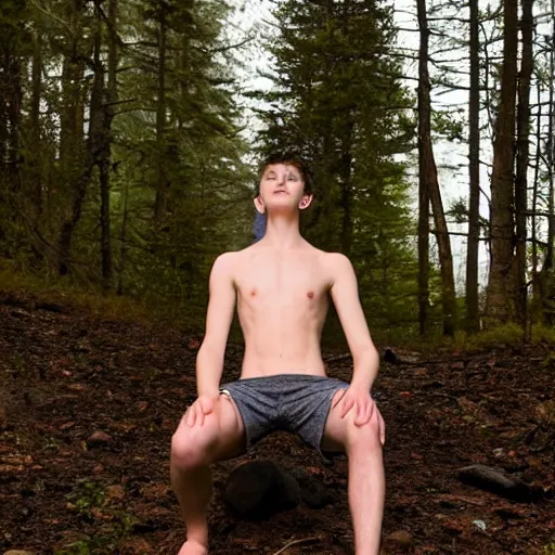 Prompt: pale, scared, shirtless, teenage boy kneeling behind a rock in eerie forest. twilight, foggy. photo 8 k.