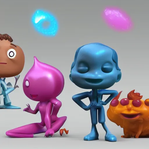 Prompt: single crazy melting plastic toy Pop Figure characterdesign product, C4d, by pixar, by dreamworks, in a Studio hollow, surrounded by flying particles