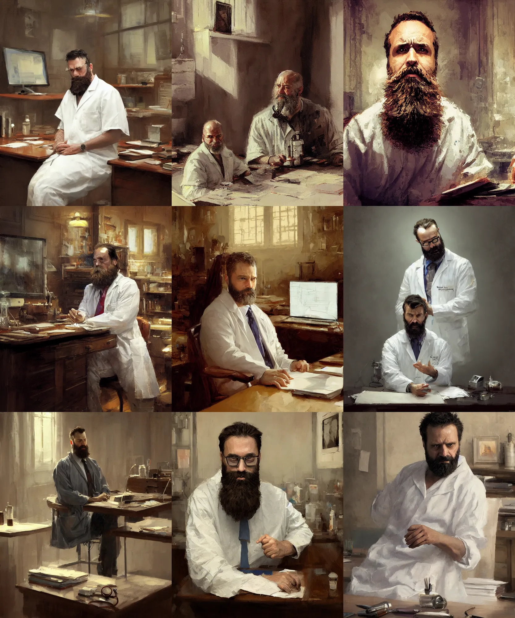 Prompt: digital art painting of a 4 5 years old man psychiatrist, beard, wearing a lab gown, seated on his desk painted by craig mullins and gaston bussiere and greg rutkowski, symmetrical face, defined facial features, symmetrical facial features, dramatic lighting