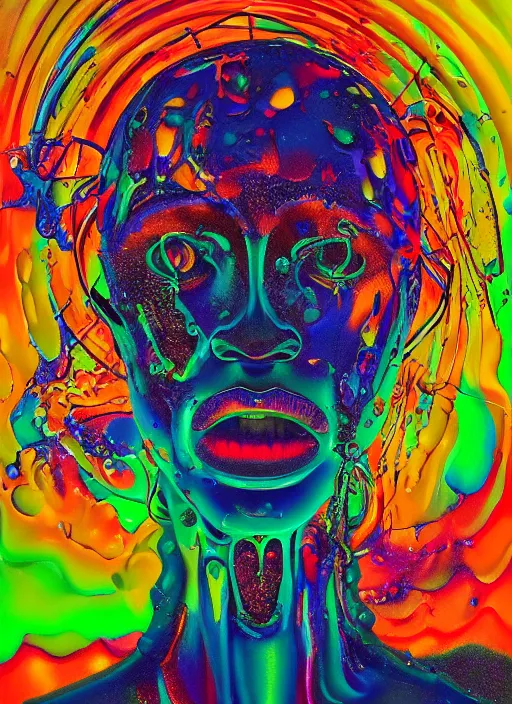 Prompt: A surreal neon painting of Joan miros 3d melting portrait of molten glass glassblowing by hr giger and Vladimir kush and dali and kandinsky, 3d, face, dripping, melting, intricate, complimentary colors, vivid neon colors, aesthetically pleasing composition, masterpiece, 4k, 8k, ultra realistic, super realistic,