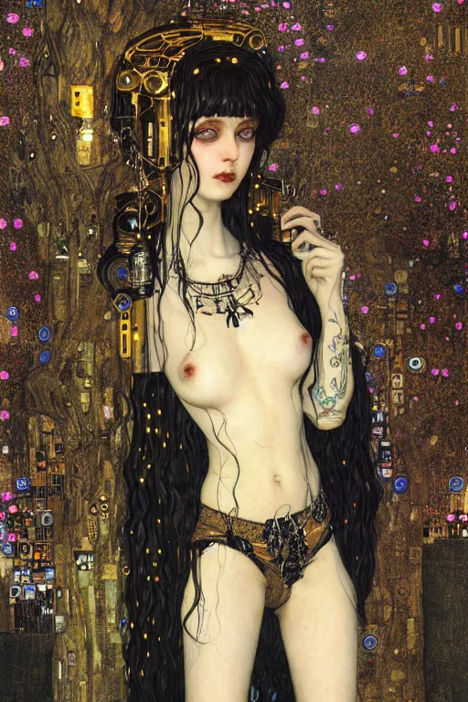 Image similar to beautiful young gothic maiden, cyberpunk, highly detailed, artstation, illustration, art by Gustav Klimt