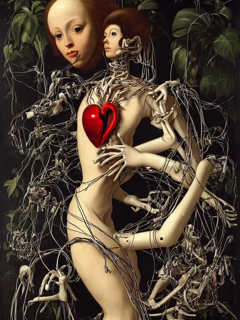 Image similar to portrait of a beautiful female android robot holding a realistic anatomical heart in her hands and crying, there are wires coming from her heart, tangled and entwined with her long flowing hair, mecha, biopunk, white xenomorph, bones, surrounded by tropical plants, black background, painting by Raphael, by Caravaggio