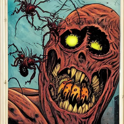 Prompt: a comic book cover of a scary horrifying mutant zombie with worms and spiders coming out of its mouth, in style of marvel comics, highly detailed, oil on canvas, w 7 6 8, h 7 6 8