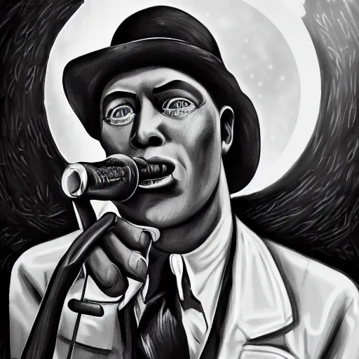 Prompt: 1 9 3 0 s blues singer mouthless joe munson, creepypasta, kodachrome, highly detailed, intricate, liminal, photorealistic, digital illustration, trending on artstation, dark, gritty, beautiful colors, 4 k, ink