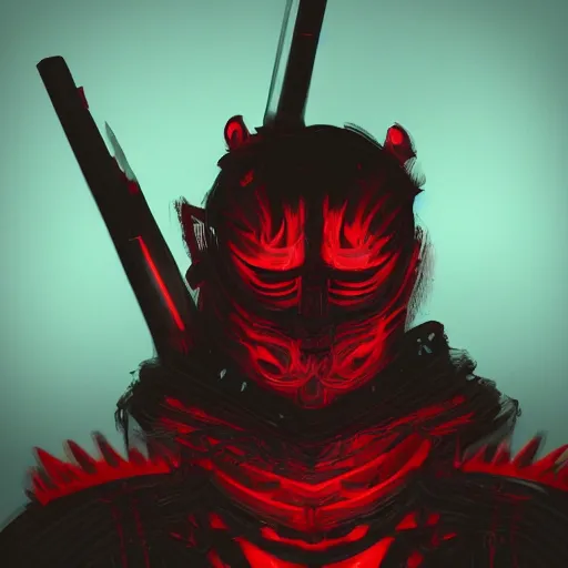 Image similar to a vivid portrait of a predator samurai, trending on artstation, scary, intimidating, dark, unreal engine, studio lighting, black and red color scheme