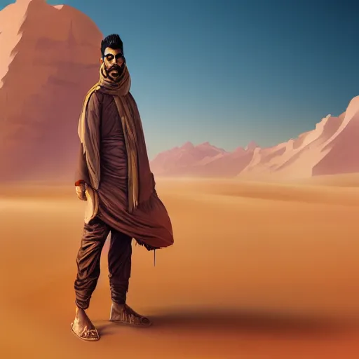 Image similar to saudi arab man standing in the dessert digital art in the style of greg rutkowski and craig mullins, 4 k