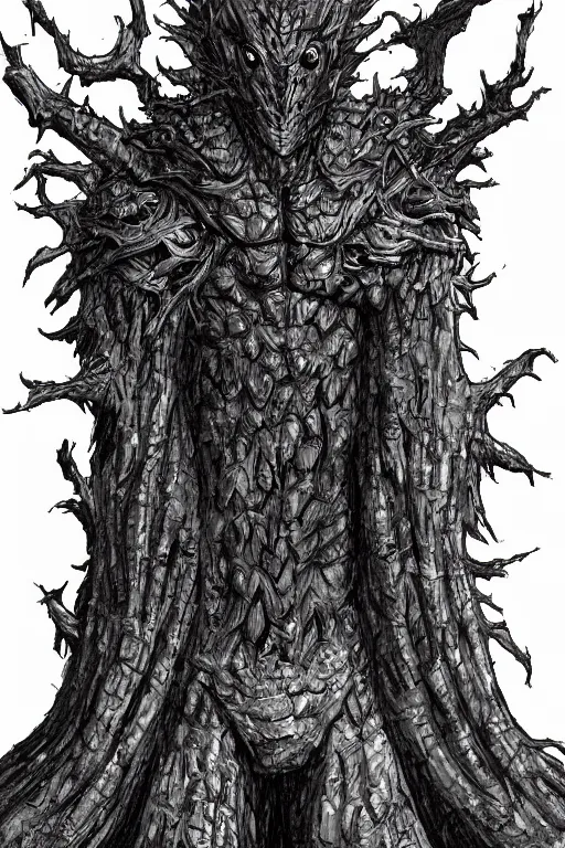 Prompt: armoured tree humanoid monster, symmetrical, highly detailed, digital art, tree armour, sharp focus, trending on art station, kentaro miura manga art style