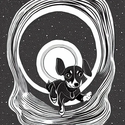 Image similar to colorful mcbess illustration of a dachshund jumping into a portal to another world