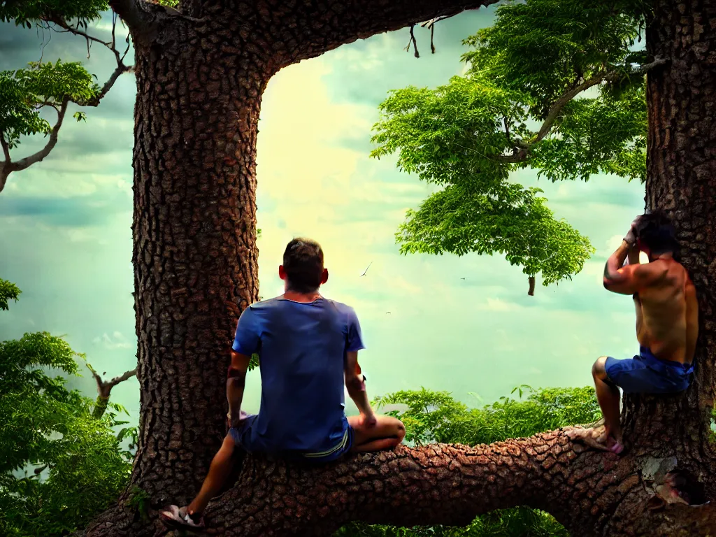 Prompt: highly detailed photo of one man from brazil, sitting on a tree trunk, looking to the left with binoculars, trending on deviantart, ultra realism, sharp focus, 4 k, octane, masterpiece