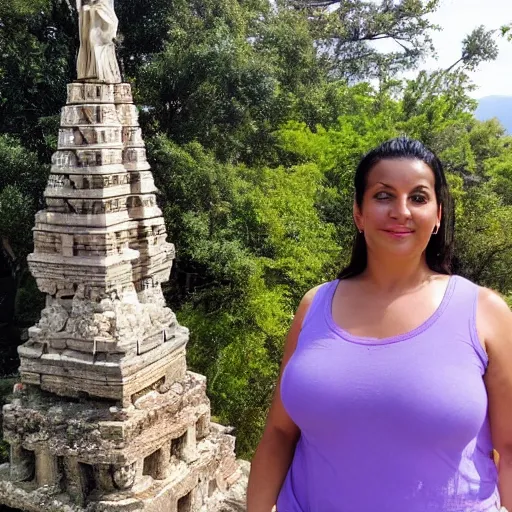 Prompt: a beautiful cute 35 year old latina stands on top of a mystic temple