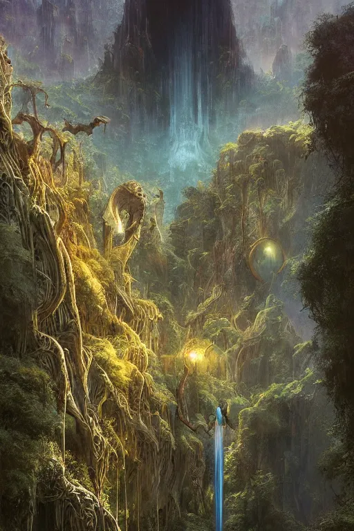 Image similar to amazing concept painting, by Jessica Rossier and HR giger and Beksinski, Rivendell, terraces, hallucination, garden of eden