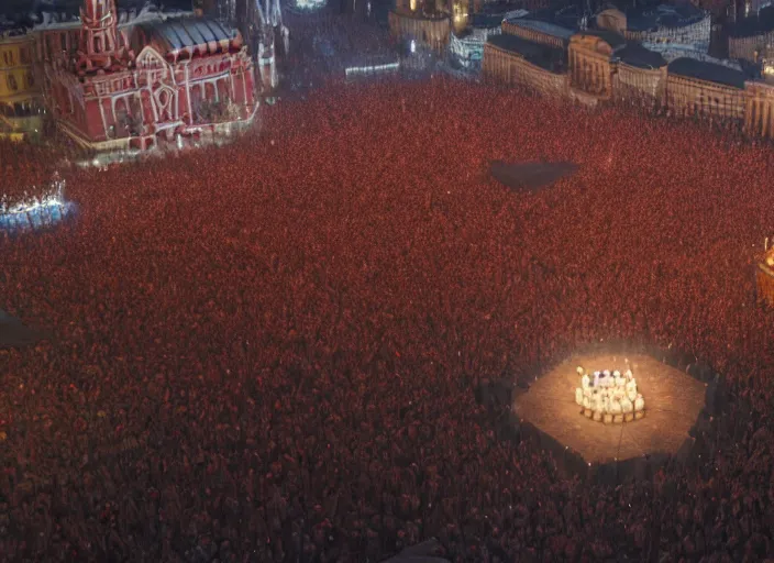 Prompt: ukrainian people crucifying vladimir putin in the middle of red square, lit by candles, digital painting, artstation, concept art, craig mullins, breathtaking, 8 k resolution, extremely detailed, beautiful, establishing shot, artistic, hyperrealistic, octane render, cinematic lighting, dramatic lighting, masterpiece, light brazen, extremely detailed and beautiful face