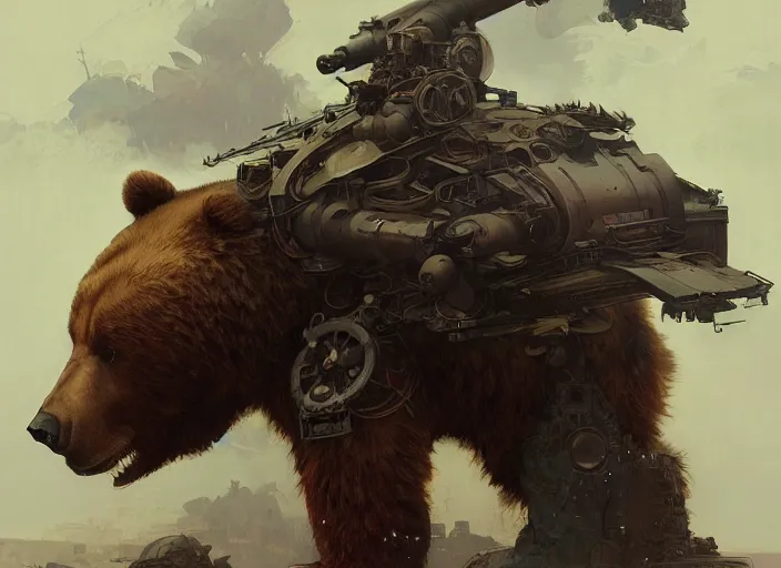 Image similar to a giant bear with a giant cannon in his back, exoskeleton, technology, elegant,, highly detailed, digital painting, artstation, concept art, smooth, sharp focus, illustration, art by krenz cushart and artem demura and alphonse mucha