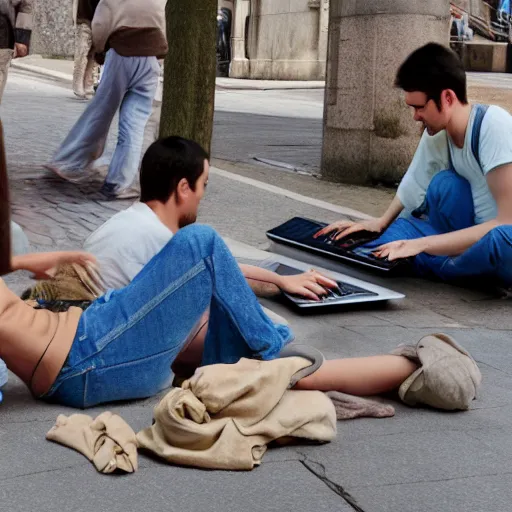 Image similar to a group of realistic bums using laptops near on street, highly detailed, intricate, sharp focus, digital art, 8 k