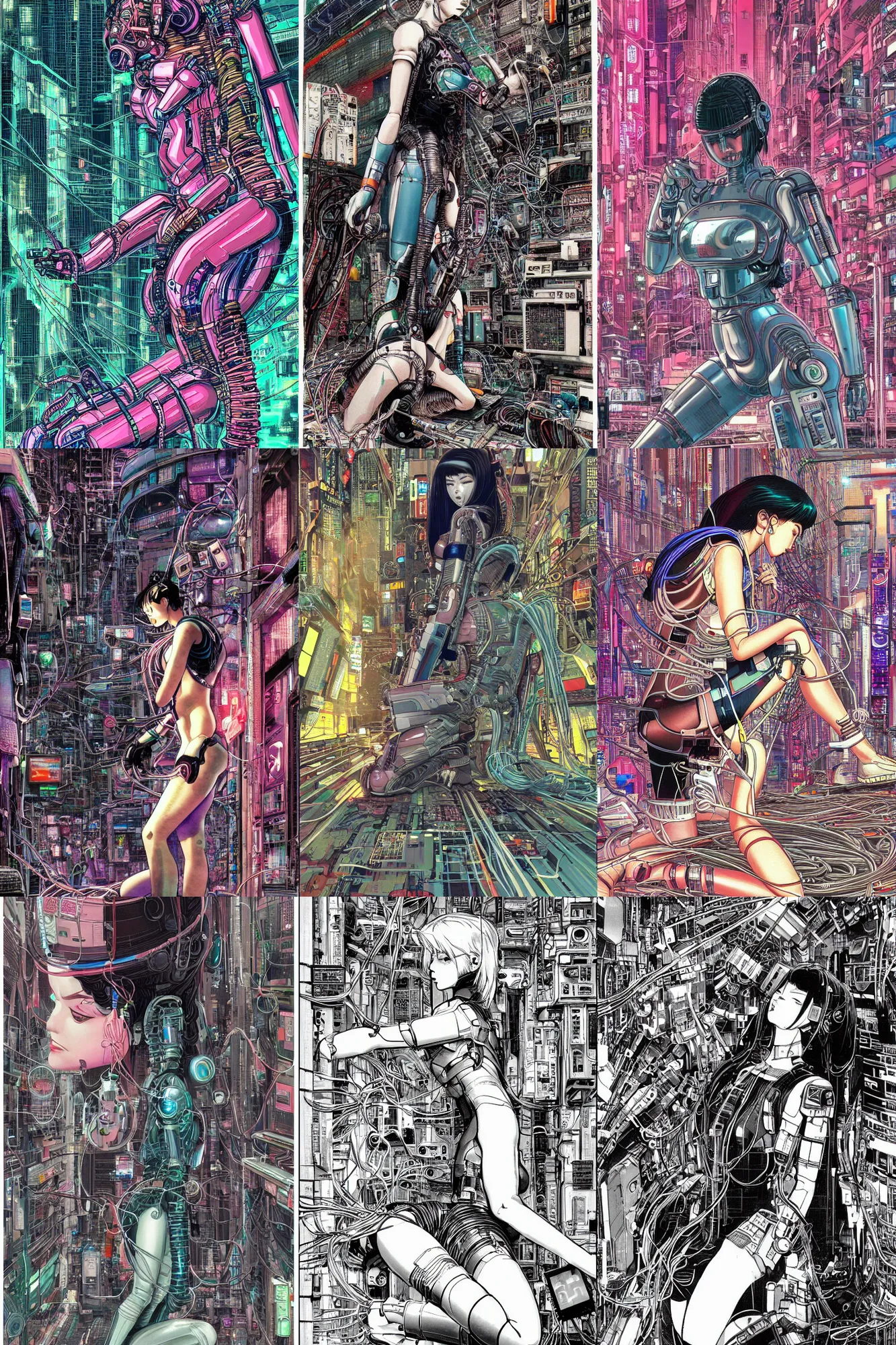 Prompt: an hyper-detailed cyberpunk illustration of a female android kneeling on the floor in a tech labor, seen from the side with her body open showing cables and wires coming out, by masamune shirow, Yukito Kishiro and katsuhiro otomo, japan, 1980s, centered, colorful, masterpiece