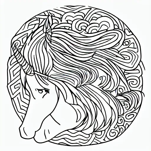 Prompt: fantasy unicorn, children\'s coloring drawing, simple drawing, rounded lines childish appearance