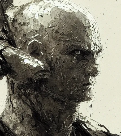 Prompt: portrait of menacing bald man with burn scars in scale armor, pen and ink, intricate line drawings, by craig mullins, ruan jia, kentaro miura, greg rutkowski, loundraw