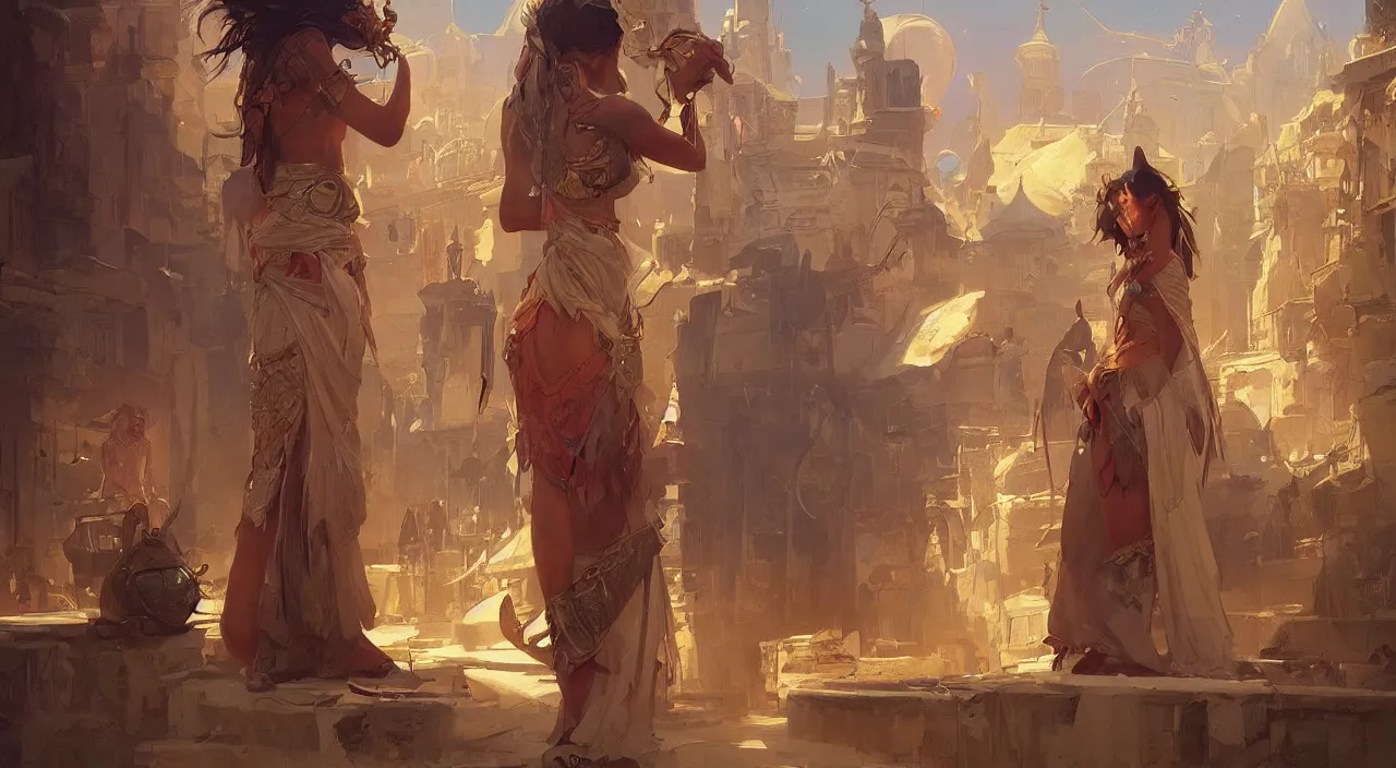 Image similar to bazaar zouk old egypt sky shine digital painting, artstation, concept art, illustration, cinematic lighting, art by artgerm and greg rutkowski and alphonse mucha