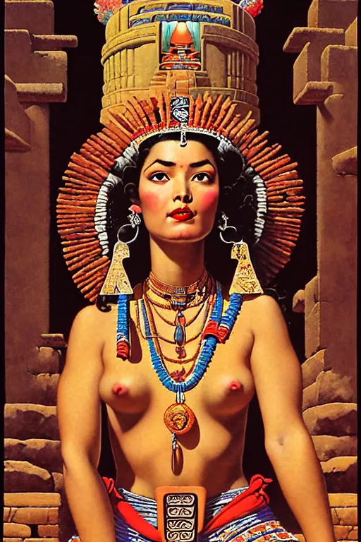 Prompt: an aztec goddess queen in a temple by gil elvgren and norman rockwell and rob gonsalves and hajime sorayama, hyperrealistic, high detail, ultra detailed, highly detailed face, feminine facial features, ruffled fabric