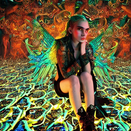 Prompt: a highly detailed symmetric wide shot of Grimes as a fallen angel, sitting in a large glittery hell simulation with skulls and neon computer code