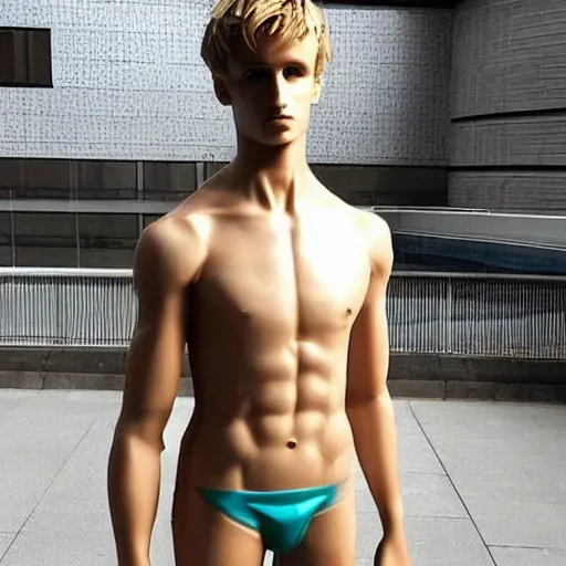 Image similar to “a realistic detailed photo of a guy who is an attractive humanoid who is half robot and half humanoid, who is a male android, Jack Laugher, shiny skin, posing like a statue, blank stare”