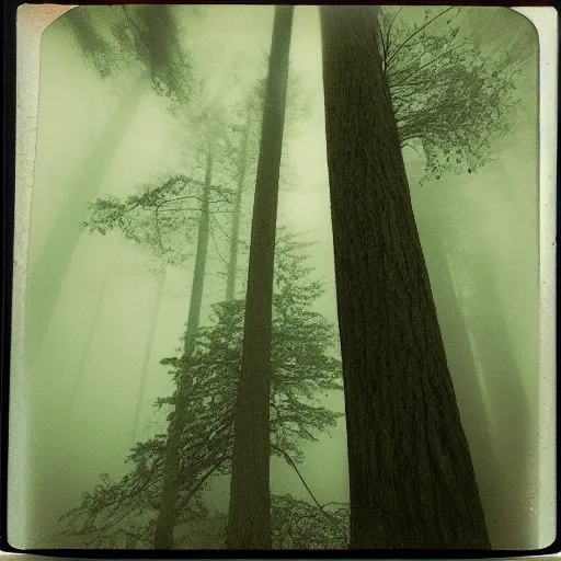 Prompt: impossibly large tree in a forest clearing reaching into the fog, night, old polaroid, expired film, megalophobia,