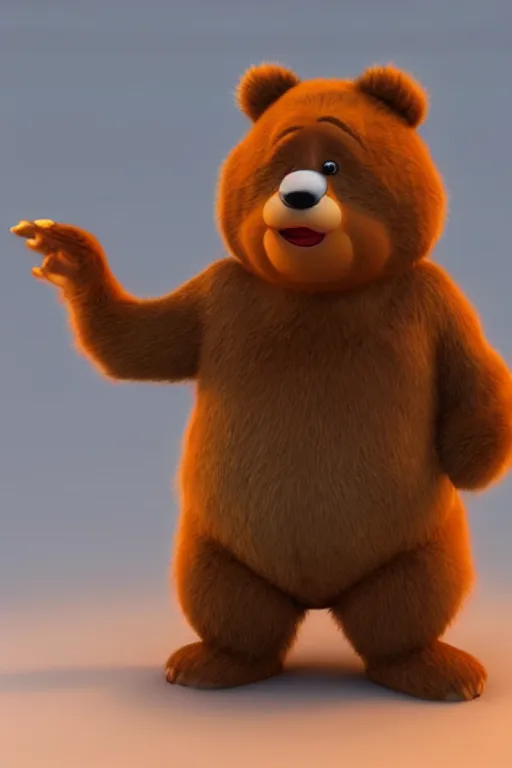 Image similar to a cute character design cgi 3 d anthropomorphic bear with soft fur and a face like yogi bear in the style of pixar, blender, cinema 4 d