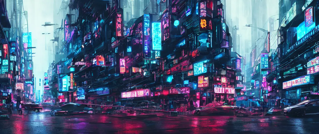 Prompt: a cinematic movie scene, 1 8 mm wide shot, street view of a cyberpunk asian city with english and tagalog neon signs by ridley scott and denis villeneuve, futuristic vehicles, futurisic people, techno noir, dark, rain, volumetric lighting, hyper detailed, digital art, trending in artstation, cinematic lighting, studio quality,