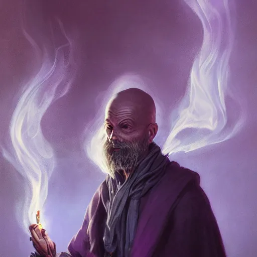 Image similar to a beautiful ultradetailed portrait of a wizard with a body made of smoke! beautiful large purple staff in his hand, with a single large grey smoke cloud by his side, by greg rutkowski, karol bak and peter mohrbacher, volumetric lighting, magical realism, dark, wizard, smoke