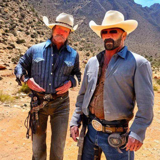 Prompt: cowboys Kurt Russel and Dave Bautista on the old west mountain trail