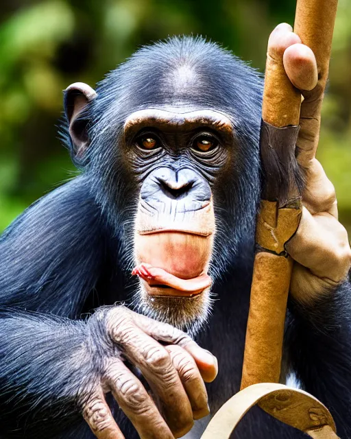 Image similar to gold, blue, photo of a chimpanzee as indiana jones solving a puzzle, big cigarre in mouth, 8 k, 8 5 mm f 1. 8