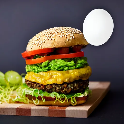 Image similar to vegan hamburger with guacamole topping and crispy fried onion topping and a fried egg topping, crispy buns, 8 k resolution, professional food photography, studio lighting, sharp focus, hyper - detailed