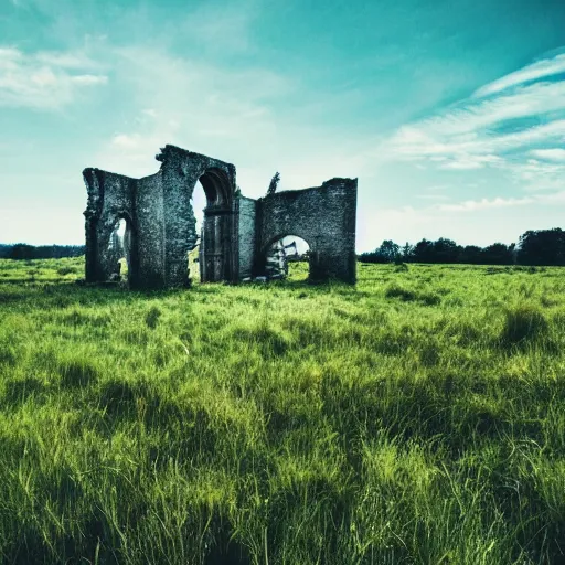 Prompt: grasslands, ruins, [ 4 k photorealism ]!!!, trending on unsplash, intricate, zoomed out photography