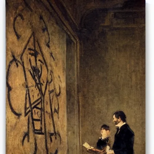 Image similar to gentleman and woman studying a wall full of occult symbols by alfred stevens