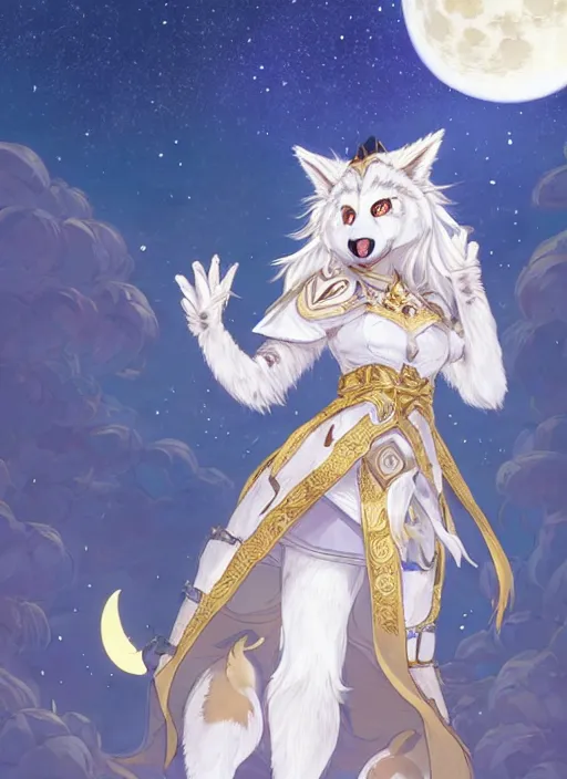 Image similar to commissioned full body portrait of a female anthro wolf princess fursona with a furry wolf head and white hair wearing a white and gold Japanese armored dress in a white and gold palace on a starry night with a large crescent moon, by a professional manga illustrator, Stanley Artgerm Lau, WLOP, Rossdraws, James Jean, Andrei Riabovitchev, Marc Simonetti, and Sakimichan, trending on artstation