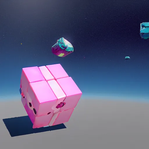 Prompt: the companion cube with the pink heart, floating in space, with destroyed satellite debris, ZBrush, Maya, Unreal Engine