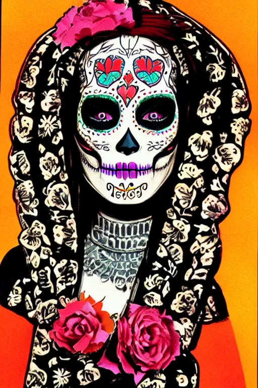 Prompt: Illustration of a sugar skull day of the dead girl, art by syd mead