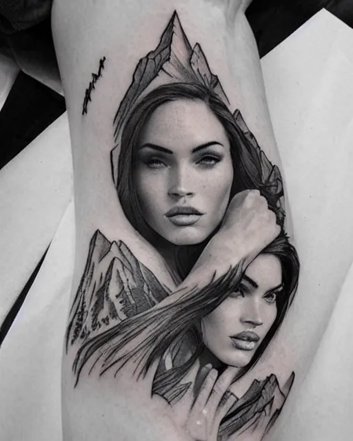 Image similar to creative double exposure effect tattoo design sketch of megan fox with beautiful mountains, realism tattoo, in the style of matteo pasqualin, amazing detail, sharp