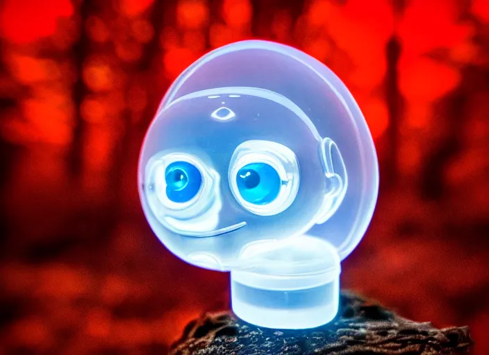 Image similar to photo of a translucent clear chibi style baby dinosaur with symmetrical head and eyes, made out of clear plastic, but has red hypercolor glowing electric energy inside its body, and electricity flowing around the body. in the forest. fantasy magic style. highly detailed 8 k. intricate. nikon d 8 5 0 3 0 0 mm. award winning photography. design by pixar