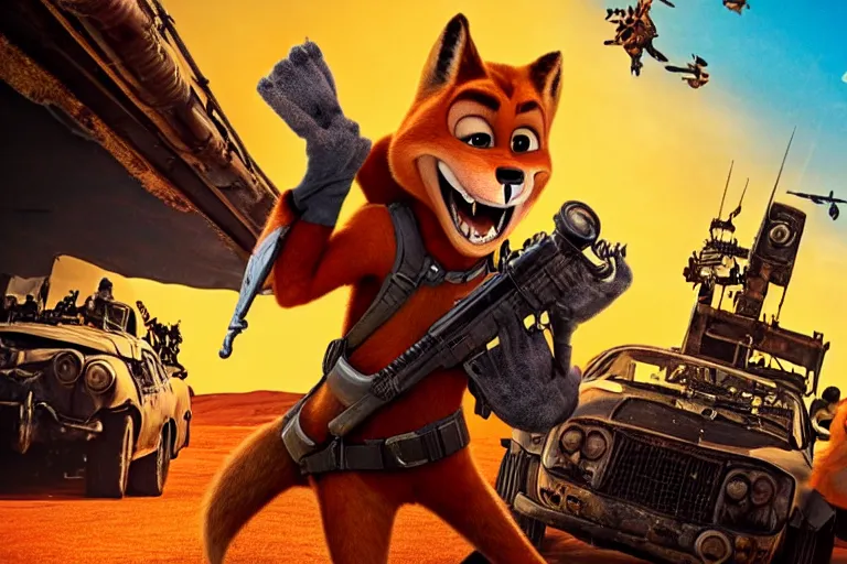 Image similar to nick wilde, heavily armed and armored facing down armageddon in a dark and gritty reboot from the makers of mad max : fury road : witness me