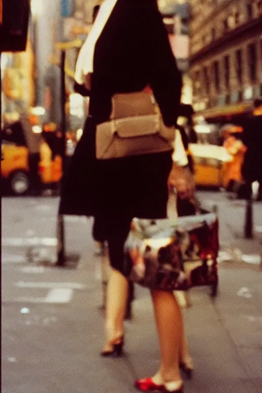 Image similar to close-up photography, ginger woman walking in New York, soft light, 35mm, film photo, Joel Meyerowitz