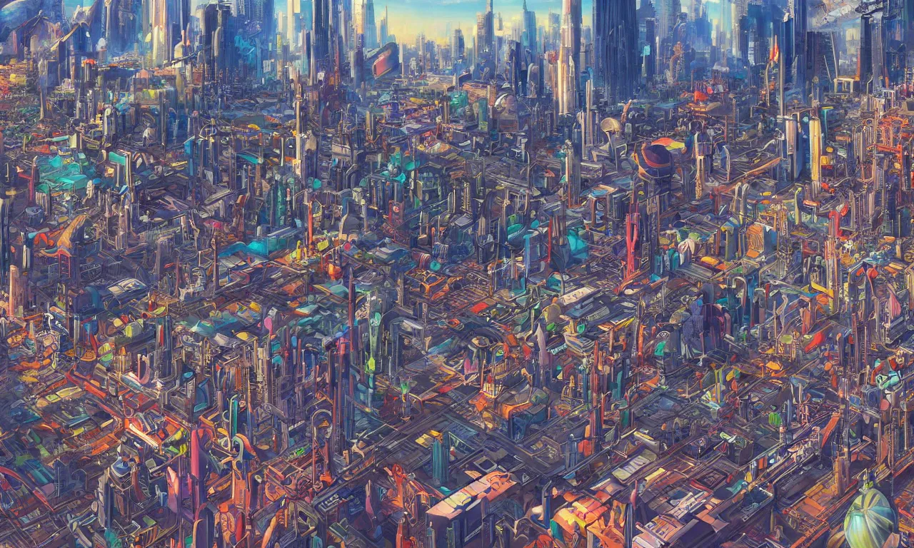 Image similar to futuristic city, illustration painting, oil on canvas, intricate, hd, digital art, overdetailed art, complementing colors, detailed, illustration painting by alex gray, digital art, moebius